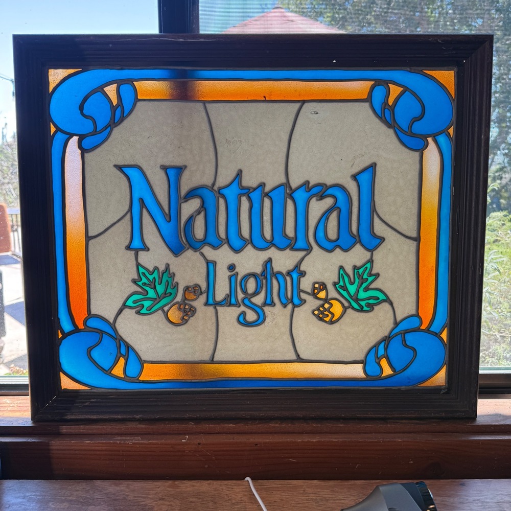 Vtg Natural Light Beer Stained Glass Style Framed Bar Sign Man Cave Decor